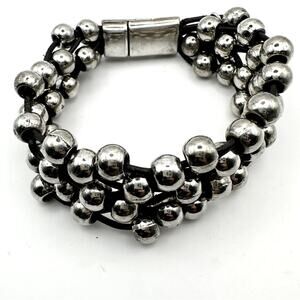 Trades by Haim Shahar Champagne Bubbles Black Leather Bracelet Silver Ball Boho